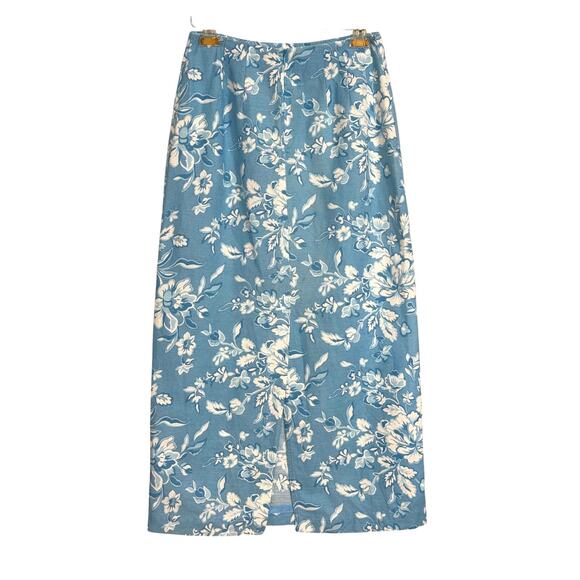 VTG Pencil Maxi Skirt 6 Blue Floral Linen Preppy Grandmillennial Coastal Chic - Picture 10 of 11